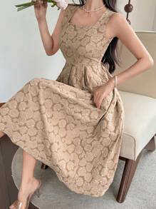 DAZY 1pc Women All-Over Floral Print Square Neck Sleeveless Mid-Length Dress - Khaki - View 6