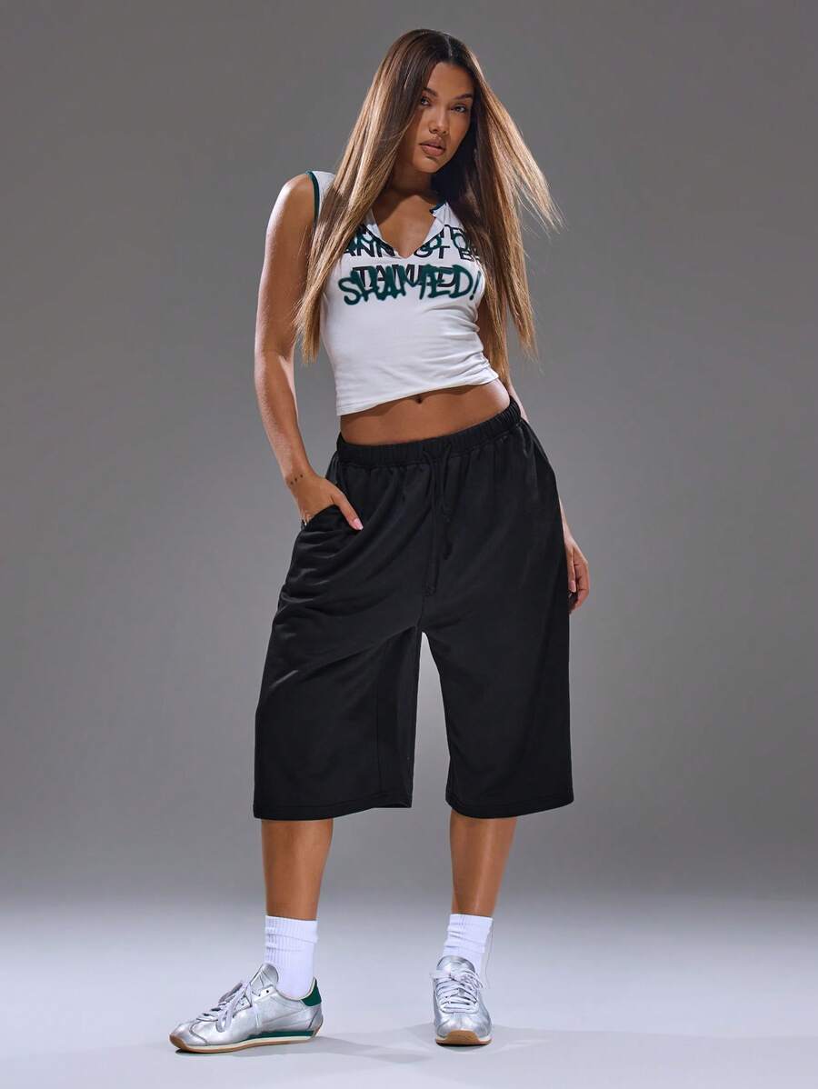 MUSERA Long Line Drawstring Jogger Shorts , Summer, Streetwear, Y2k, Cool Girl,City Fall, Autumn, Winter, Back To School Fall Autumn - Grey - View 1