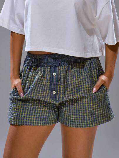 MUSERA Linen Look Check Plaid Mini Button Elasticated Waist Shorts Summer Streetwear Y2k Cool Girl Beach Western City Vacation Nashville Fall Autumn  Holiday Easter