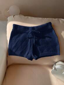 Comfortcana Women's Solid Color Waist Tie Loose Casual Knit Shorts - Navy Blue - View 4
