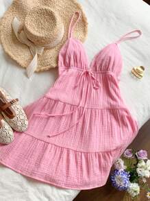 Comfortcana Women Casual Solid Color Backless Spaghetti Strap Short Dress, Summer Summer Dresses For Women - Pink - View 3