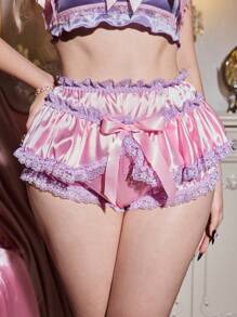 Women Pink Satin Contrast Color Lace Trim Ruffle Bow Cute Panties - Pink - View 1