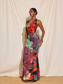 TIYA Summer Vacation Floral Print Colorful Halter Cowl Neck Tie Neck Backless Mermaid Maxi Dress