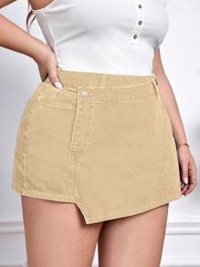 EMERY ROSE Plus Size Asymmetric Denim Shorts, Casual Summer - Apricot - View 3
