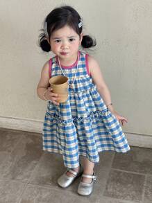 Dazy Kids Toddler Girls Plaid Round Neck Casual Woven Mid-Length Sleeveless Dress - Blue - View 2