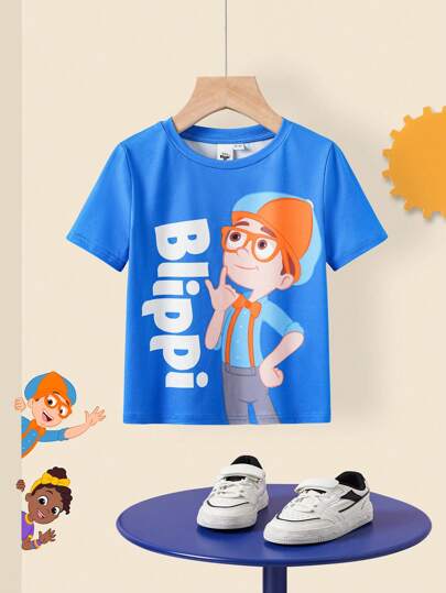 Blippi X SHEIN Young Boy Summer Casual Cartoon Graphic Short Sleeve T-Shirt