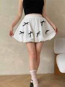 Modelyn Women's Elastic Waist Bow Decor Lantern Shorts, Sweet Casual Summer Design - White - View 6