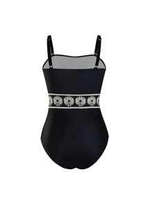 Swim Oasis 2pcs Plus Size Women High-End Oasis Black Camisole One Piece Swimsuit With Adjustable Straps & Printed Maxi Skirt, Summer Beach Resort Outfit,Modest Swimwear - Black - View 5