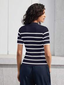 BizChic Camiseta ajustada con manga corta y cuello de rayas para mujer, elegante moda casual de negocios para uso urbano, adecuado para maestros, oficina, escuela, salidas, Top básica