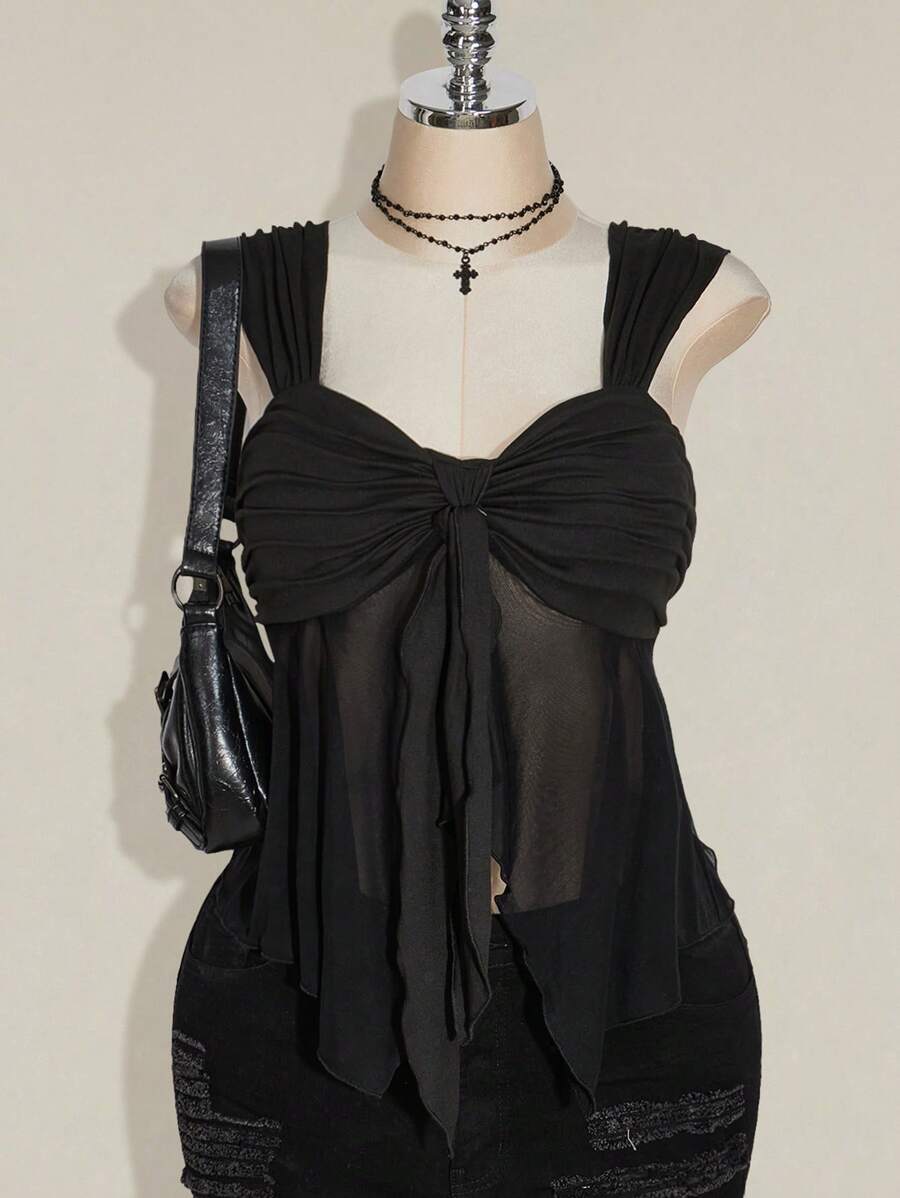 SHEIN ICON 大码女式不对称纯色网眼下摆透视吊带背心,Rave 上衣,夏季,返校季,Y2K 风格 - 黑色 - 查看 1