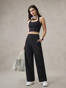 OutZeal Pantaloni a vita alta, diritti, con tasche laterali, in maglia fresca, per uso casual quotidiano