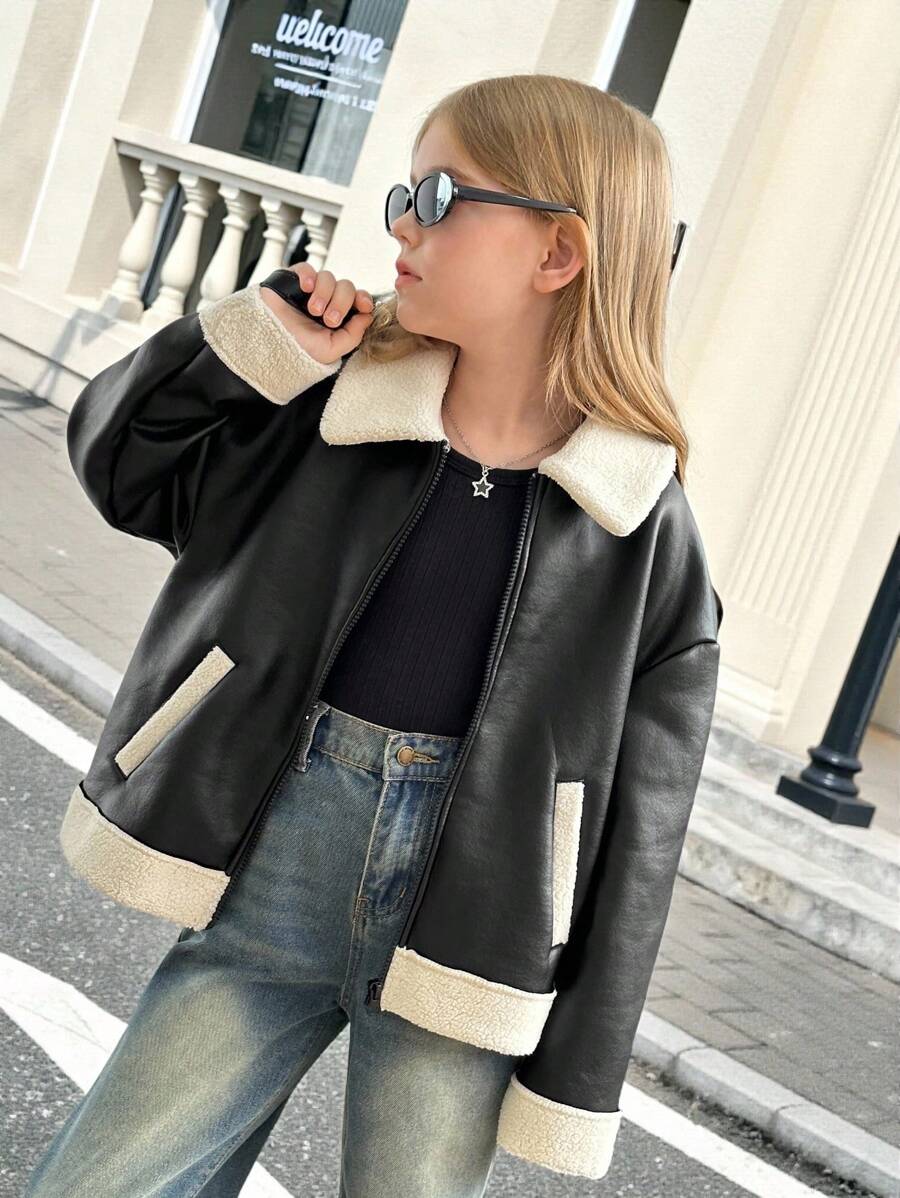 SHEIN 少女秋冬街头时尚PU复合面料保暖内衬撞色领机车夹克，适合秋冬季日常穿着