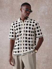 SUMWON 设计师钩针编织开放式菱形图案夏季纽扣衬衫复古度假沙滩装休闲度假短袖领口上衣 - 黑與白 - 查看 6