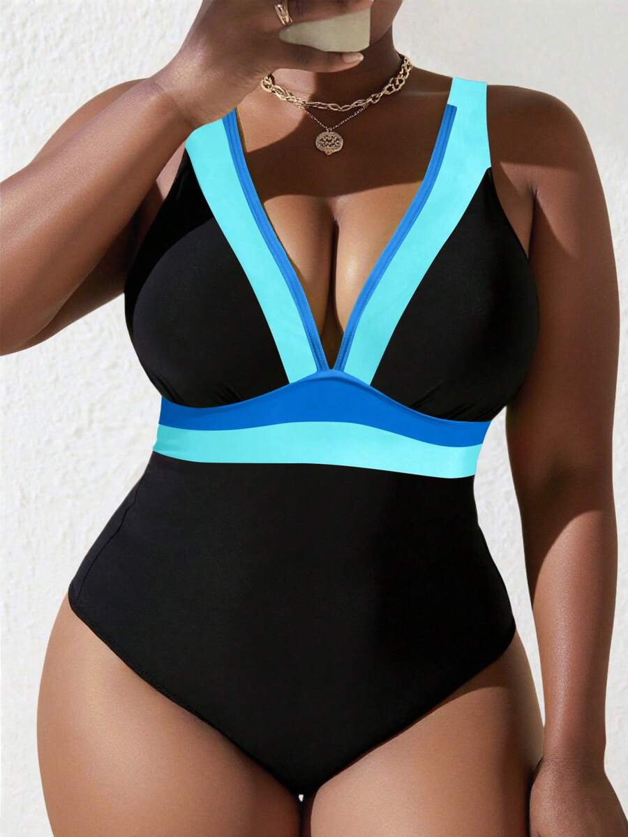 SHEIN Swim Curve Traje de baño de una pieza con cuello en V profundo, efecto bicolor y espalda descubierta, adecuado para mujer talla grande, perfecto para el verano y la playa