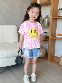 Denimly Young Girl Street 扎染脸图案 T 恤和破洞牛仔松紧腰短裤两件套 - 粉色 - 查看 4