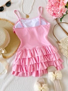 Costume da bagno intero per ragazze adolescenti, colore rosa tinta unita con volant, abbigliamento casual da resort