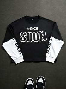 Manfinity EMRG Men's Crew Neck Letter Print Casual Mock Layer Pullover Sweatshirt ,Summer , Men Tops Long Sleeve , Rock Shirts