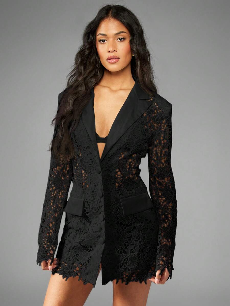 MISSGUIDED 优雅钩编蕾丝西装短裤套装,适合晚宴派对等场合,剪裁合身,正式度假风,夜间出行必备。 - 黑色 - 查看 1