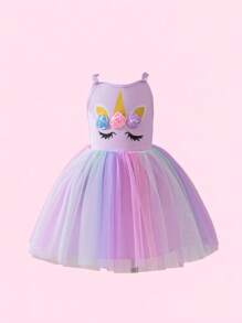 SHEIN Playful Pals 0-3岁女婴梦幻可爱多色多巴胺彩虹薄纱连衣裙 - 彩色 - 查看 3