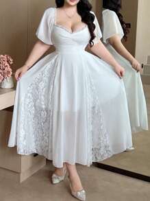 Flirla Elegant Lace Ruffle Sleeve Dress, Flattering Waistline Design, Fashionable & Chic, Beautiful For Vacation, Sundress, Birthday Party, Beach, Summer - White - View 1