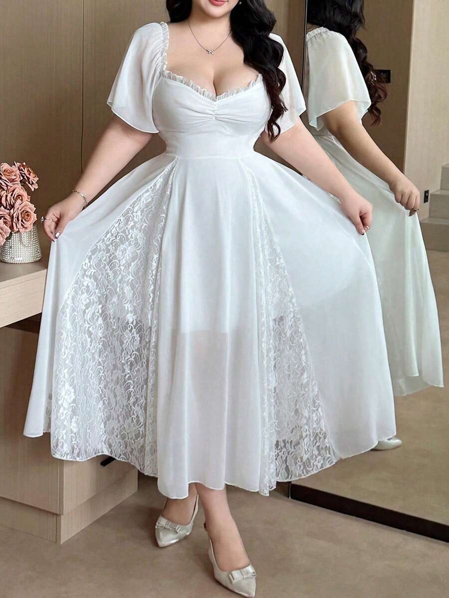 Flirla Elegant Lace Ruffle Sleeve Dress, Flattering Waistline Design, Fashionable & Chic, Beautiful For Vacation, Sundress, Birthday Party, Beach, Summer - White - View 1