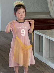 Dazy Kids Young Girls Round Neck Summer Casual Street Print Short Sleeve Mid-Length Dress - Pink - View 3