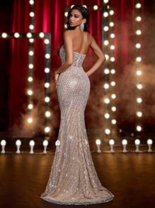 Glamrae 奢华手工串珠紧身胸衣褶饰腰部可调节系带后背美人鱼正式晚礼服（大量装饰）