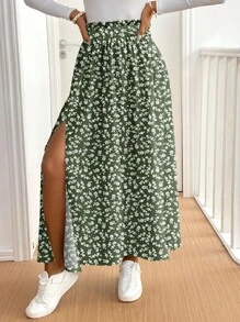 SHEIN Frenchy 女士休闲假日高开叉伞裙，适合夏季，碎花，法式优雅 - 彩色 - 查看 6