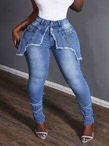 Slaydiva Plus Size Women Patchwork Fringe Trim Design Skinny Casual Jeans