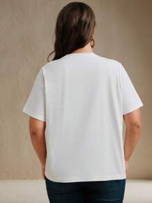 Anewsta Hochwertige modische Damen Sommer T-Shirt mit Rundhalsausschnitt, Kurzarm, weiß mit Blumen Stickerei, Basic gerade geschnittenes Lässig Top für den Urlaub - Weiss - Übersicht 3