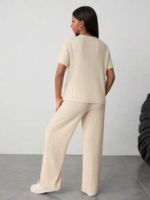 SHEIN 少女针织两件套：休闲短袖上衣和阔腿裤，舒适休闲装，适合日常穿着、夏季/海滩 - 杏色 - 查看 2