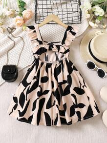 SHEIN Vestido sin espalda y sin mangas con estampado floral diminuto, informal y apropiado para vacaciones para niña joven