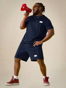 EASEVO 男士加大码简约圆领短袖上衣和短裤套装，日常休闲夏季服装