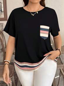EMERY ROSE Casual Minimalist Colorful Striped Pocket Plus Size T-Shirt, Suitable For Summer Suitable For Going Out - Black - View 1
