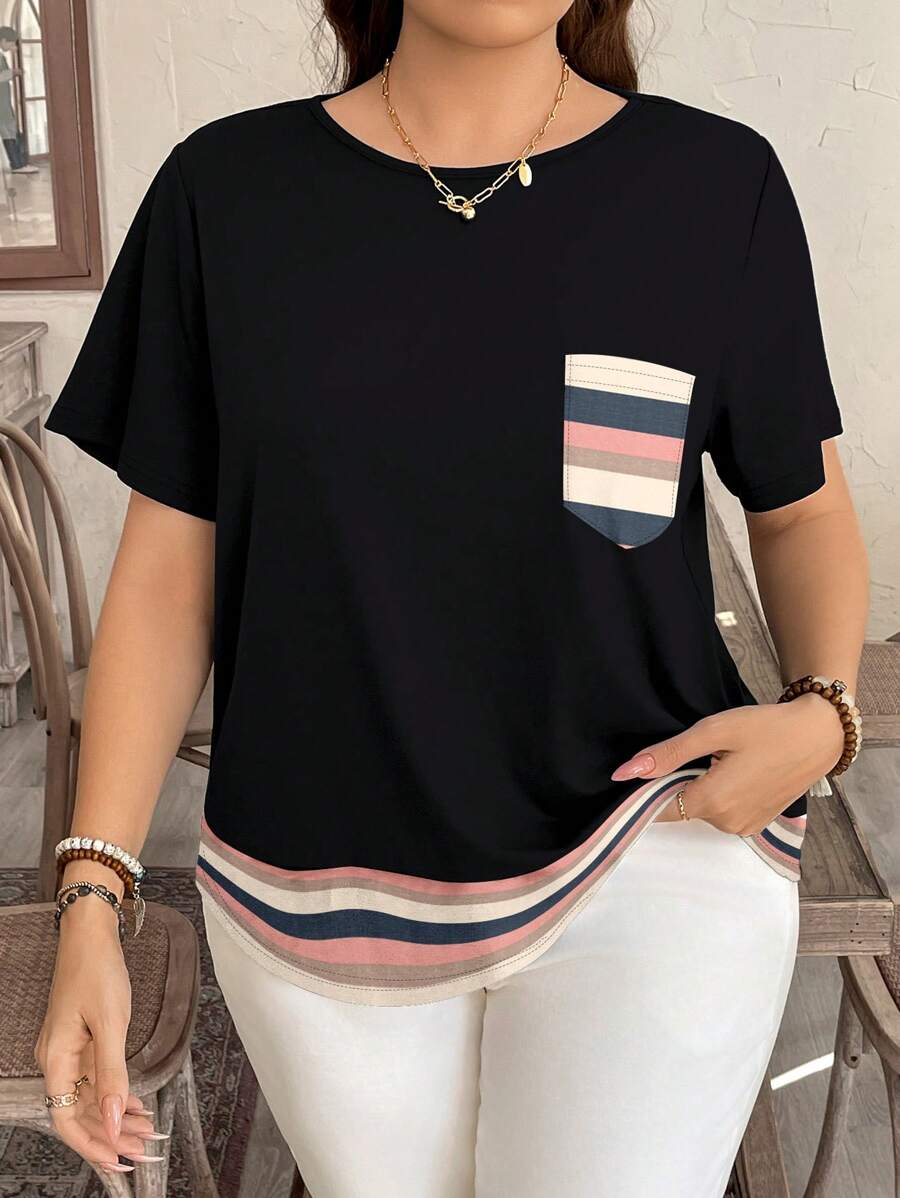 EMERY ROSE Casual Minimalist Colorful Striped Pocket Plus Size T-Shirt, Suitable For Summer Suitable For Going Out - Black - View 1