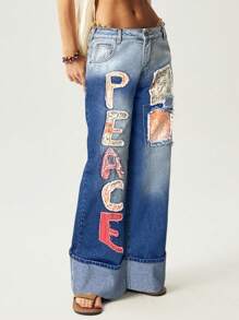 Bohemela Quần Jeans Denim Rộng Rãi Thường Ngày Thời Trang Đính Chữ Màu Xanh Cho Nữ Mùa Hè - Rửa nhẹ - Xem 5