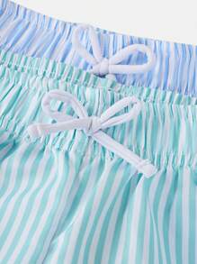 2pcs Boys' Striped Printed Swim Trunks, Woven Fabric Beach Shorts Set, Suitable For Holiday