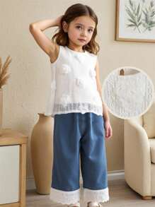SHEIN Bộ đồ 2 món thường ngày họa tiết hoa mùa hè cho bé gái - trắng - Xem 3