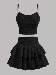 Girlism Bộ đồ hai mảnh họa tiết jacquard màu đen mùa xuân hè cho bé gái tuổi teen có viền xếp nếp, váy ngắn chữ A, bộ đồ thường ngày cổ điển cho kỳ nghỉ - màu đen - Xem 9