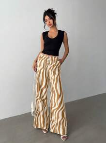 SHEIN Unity 女款黑白人字紋彈性收腰寬鬆寬腿休閒長褲 秋季女裝 - 卡其色 - 查看 6