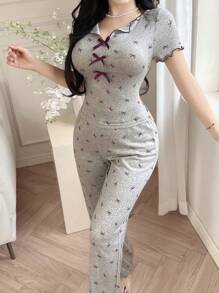 Feyla 2件套女士休闲套装 - 蝴蝶结装饰短袖上衣和裤子 - 紅色 - 查看 6