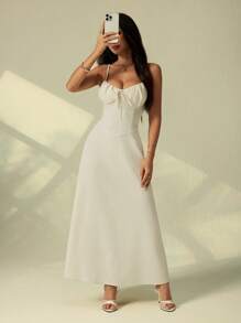 SHEIN PETITE Women Summer Elegant Solid Color Spaghetti Strap Dress - Apricot - View 7