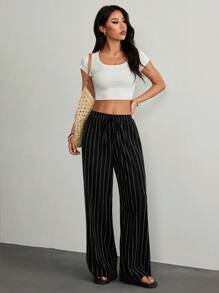 SHEIN PETITE 女士休闲通勤条纹阔腿裤 - 黑色 - 查看 5
