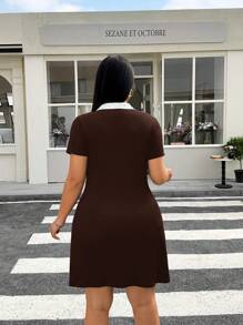 Muchica Plus Size Women Short Sleeve Casual Mini Dress With Contrasting Color Collar,Summer Vacation Dress,Business Casual Woman,Dresses For Women,Club Outfit,Airport Outfit For Women,Teacher Outfits For Women,Vacation Outfits Woman,Mesh, Cheetah Print Dress Plus Size Casual Dress Curve Casual Dress,Back To School