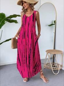 SHEIN LUNE Vestido casual y elegante para mujer con cuello en V, abertura lateral, bajo asimétrico con bolsillos, cintura alta, corte evasé, sin mangas y estampado geométrico, ideal para vacaciones - Rosa Fucsia - Ver 5