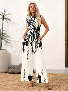 SHEIN Clasi 黑白度假印花立领垫肩无袖修身连体裤，适合日常外出 - 黑與白 - 查看 3