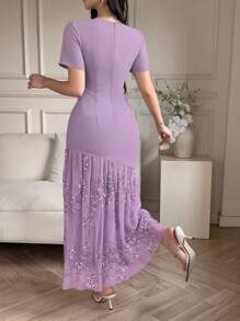 DAZY فستان نسائي أنيق طويل بياقة مستديرة وأكمام قصيرة مرصع بالترتر، فستان سهرة فاخر للنساء في فصل الصيف، فستان كرنفال لامع - الأرجواني - مشاهدة 2