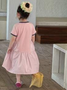 Dazy Kids Young Girls Round Neck Summer Casual Street Print Short Sleeve Mid-Length Dress - Pink - View 2