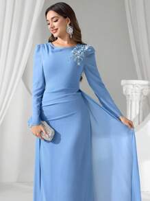 Coutiva Luxury Evening Gown, Long Sleeve, Elegant Design, High-End Lady Dress - Baby Blue - View 4