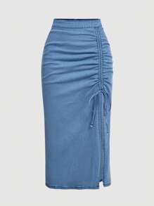 SHEIN MOD Váy chữ A denim giản dị có dây rút bên hông cỡ lớn dành cho nữ - Màu xanh lam - Xem 1